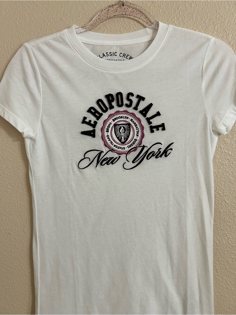 Aeropostale White Short Sleeve Tee with Black and Pink Logo